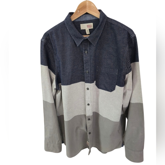 1901 Men's Chambray Denim Color Block Long Sleeve Shirt Blue Gray Size XL - Picture 1 of 15